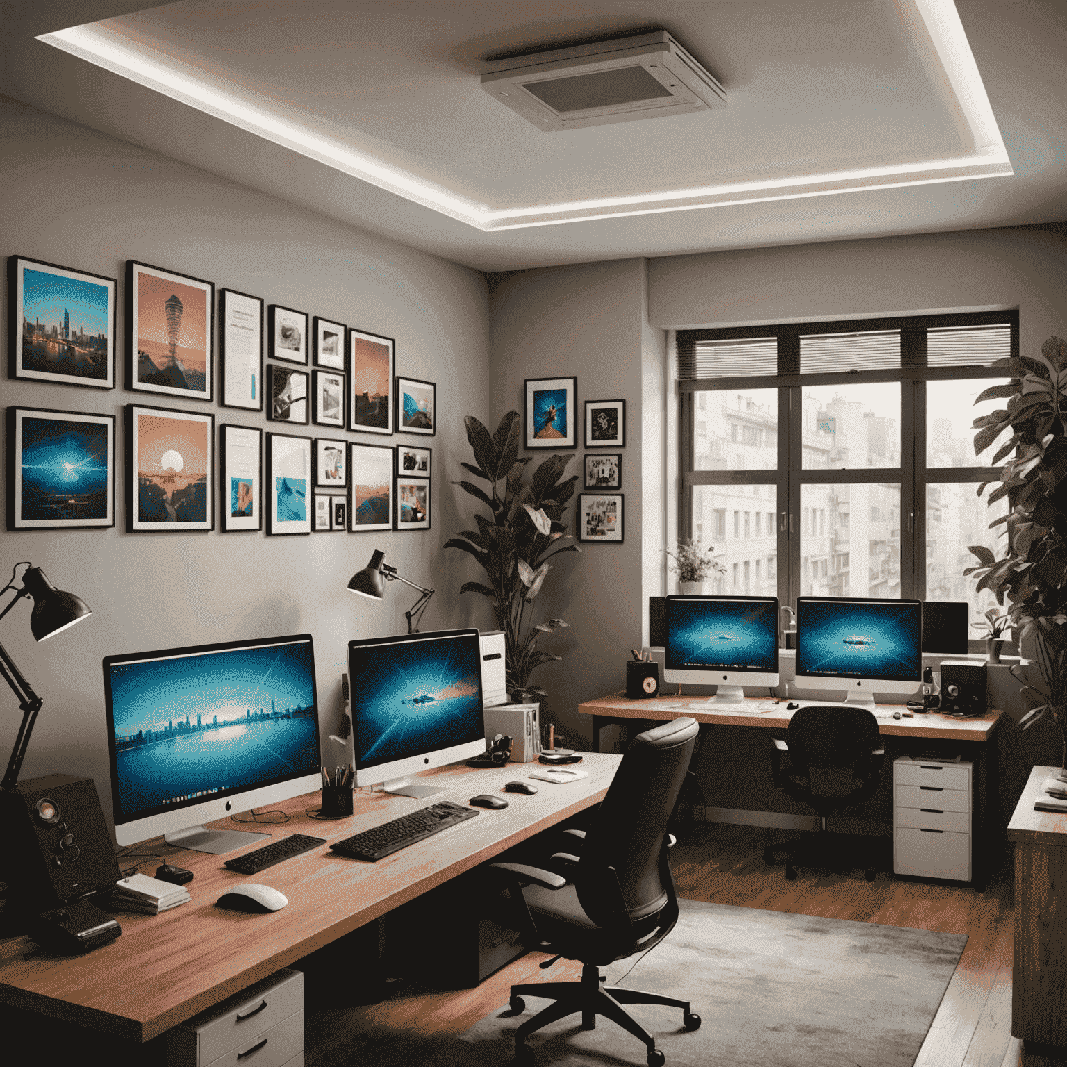 Imagen de la oficina de Mecuvui en Buenos Aires, mostrando un espacio de trabajo moderno con computadoras y áreas de colaboración, decorado con elementos de diseño retro de los 80