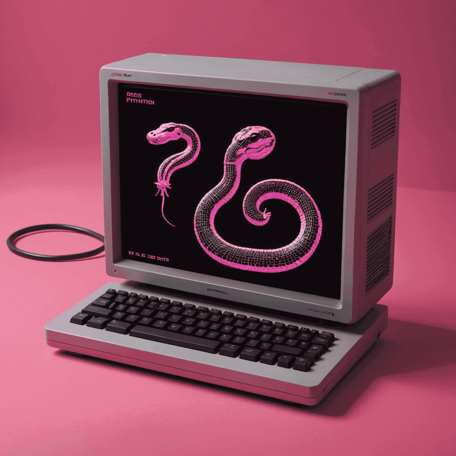 Imagen que muestra un código Python básico en un editor de texto con un fondo de neón rosa. Se ven símbolos de Python como la serpiente y elementos retro como diskettes y monitores CRT antiguos.