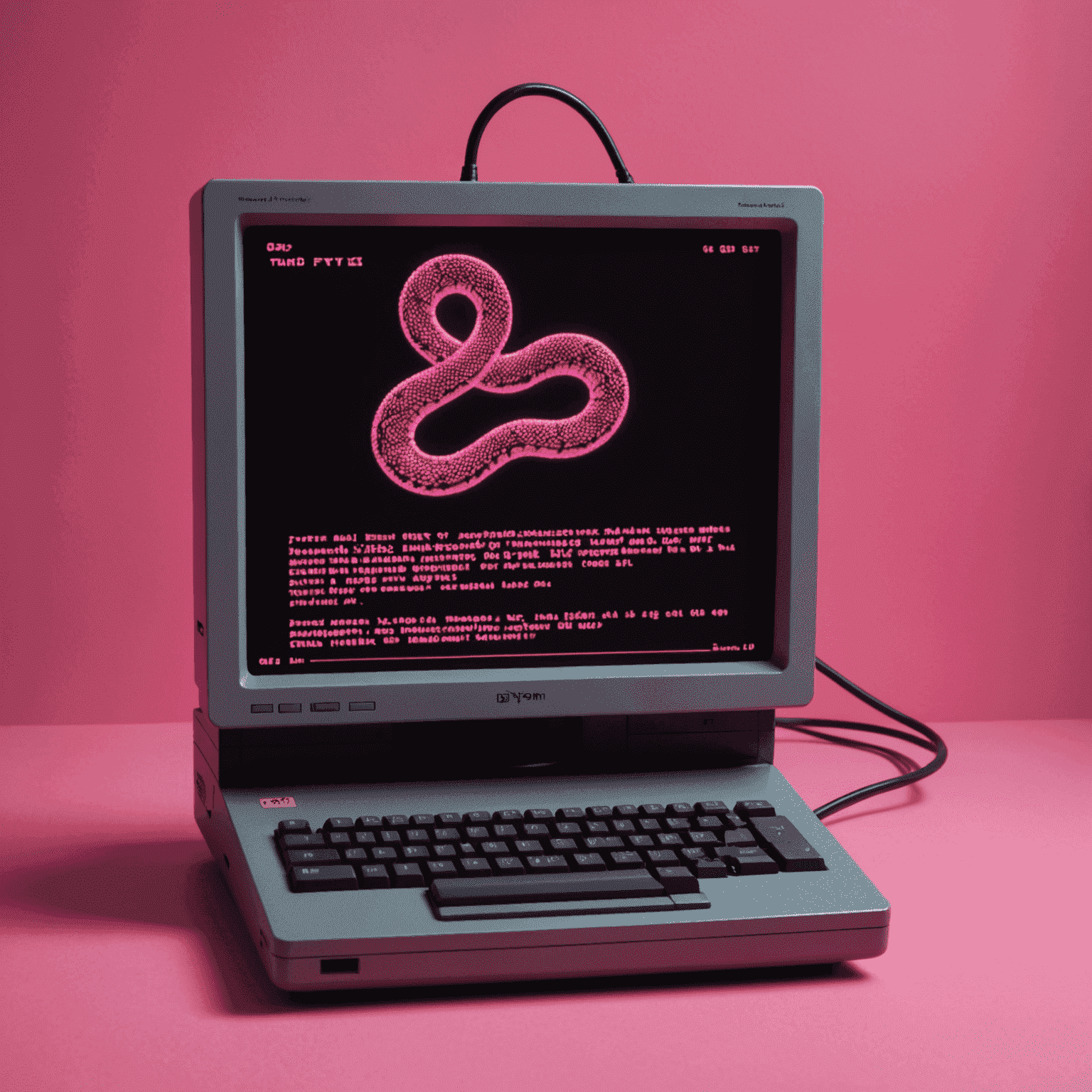 Imagen que muestra un código Python básico en un editor de texto con un fondo de neón rosa. Se ven símbolos de Python como la serpiente y elementos retro de los 80 como diskettes y monitores CRT antiguos.