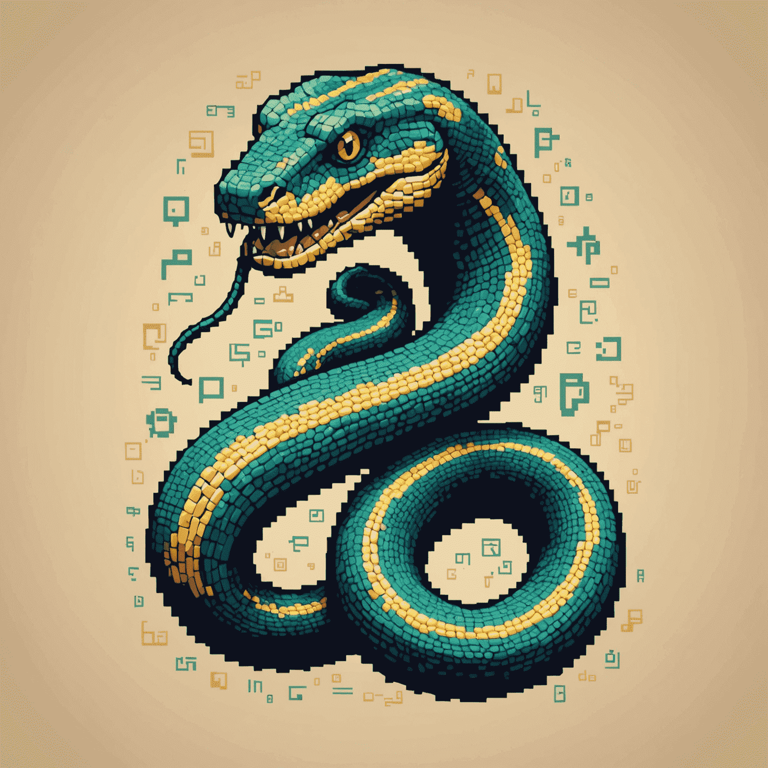 Imagen conceptual de Python: Un serpiente pixelada formada por código Python básico, rodeada de símbolos de programación en estilo retro