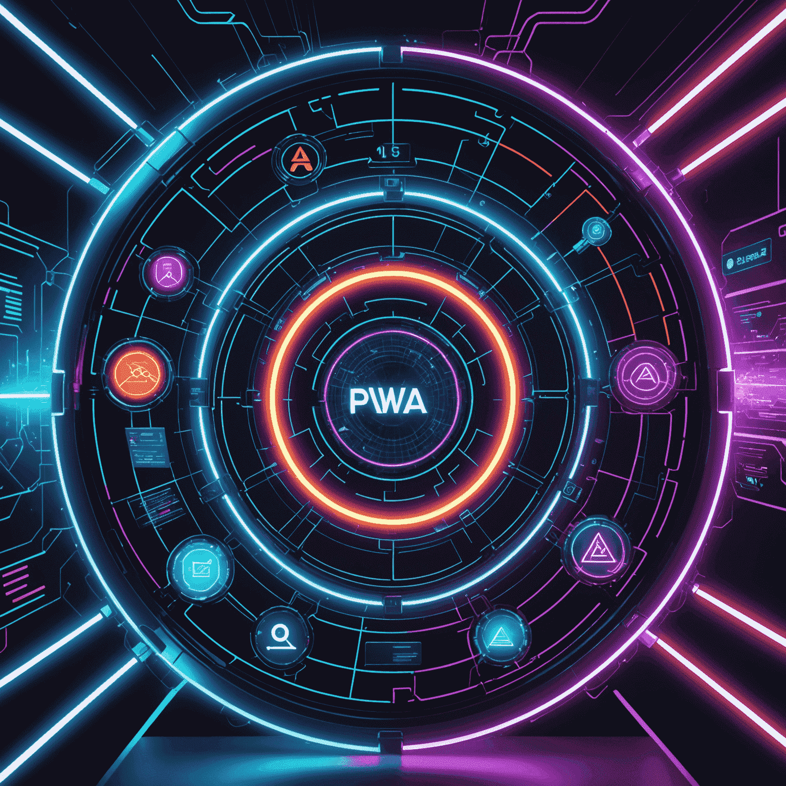 Imagen conceptual mostrando varias tecnologías web modernas como PWA, AI, y WebAssembly interactuando en un entorno futurista con efectos de neón