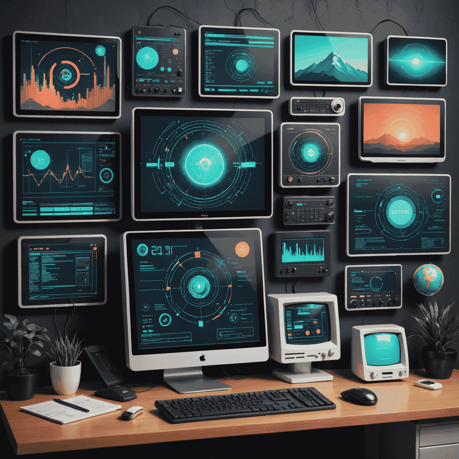 Collage futurista que muestra varias tecnologías web modernas como React, Vue.js, y herramientas de desarrollo. Incluye elementos retro como una computadora de los 80 mostrando código en una pantalla CRT.