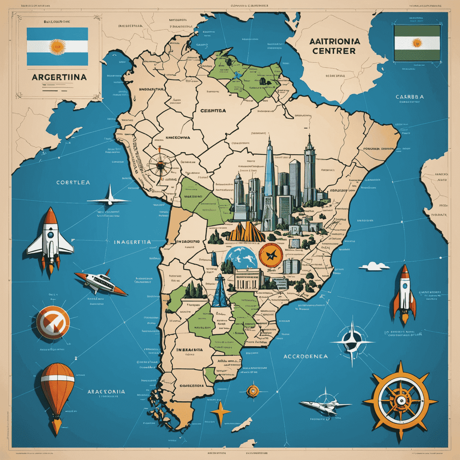 Mapa de Argentina resaltando los principales centros tecnológicos: Buenos Aires, Córdoba, Rosario y Mendoza, con iconos de computadoras y cohetes representando la innovación