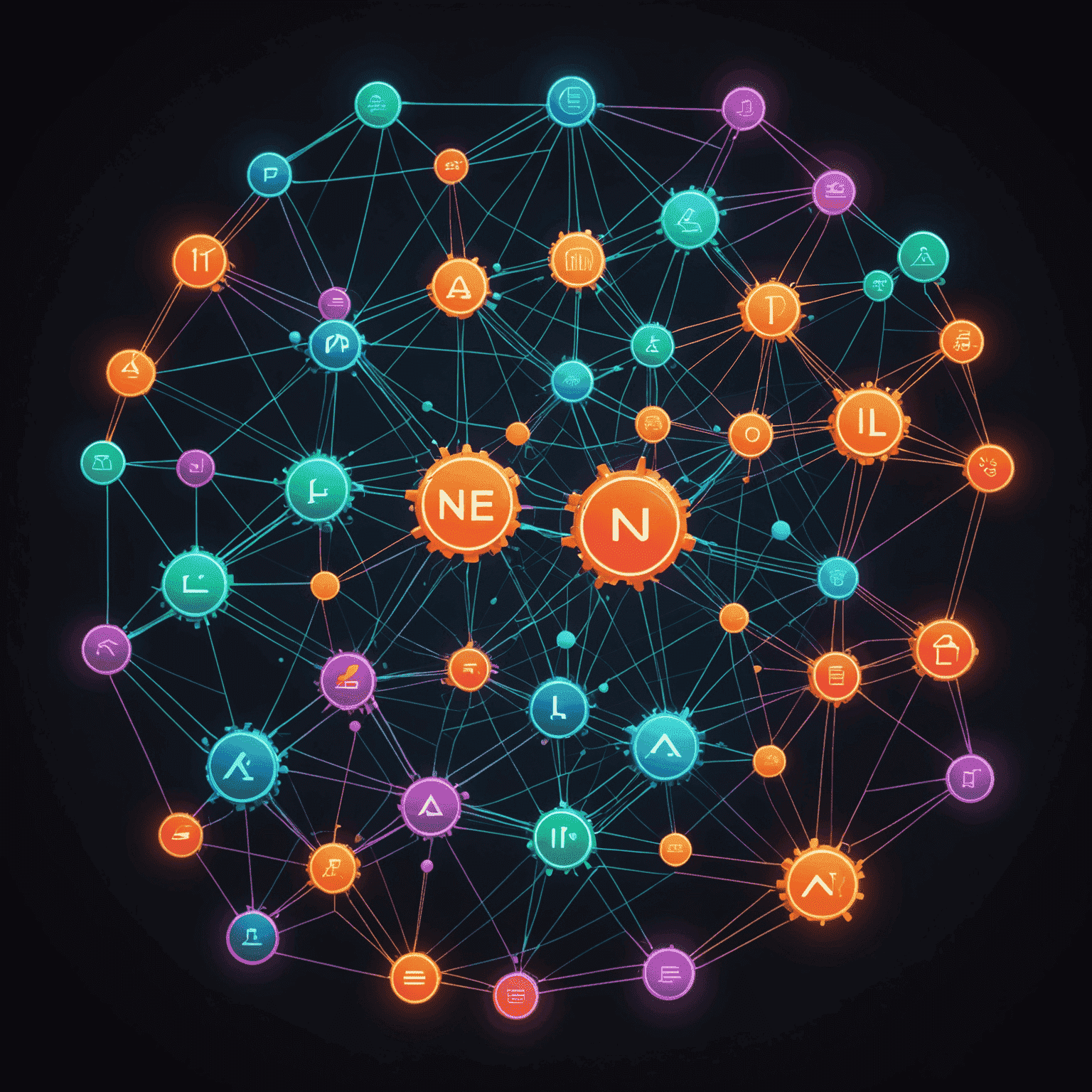 Representación futurista de una red neuronal con nodos brillantes conectados, rodeada por logos de lenguajes de programación populares en un estilo neón de los 80.